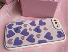 Чехол с защитой камеры💜 Идеально защитит ваш телефон сзади и спереди, фиолетовые сердечки, Модель: iPhone 7/8 plus  Цена: 450 рублей