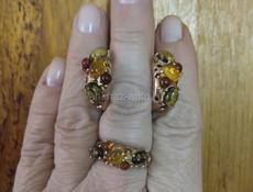  Серебряные серьги и кольцо с янтарем в позолоте