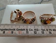 Серьги и кольцо из серебра. Комплект из серебра с позолотой и янтарем.