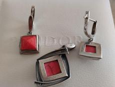 Серьги и подвеска. Серебро с коралами